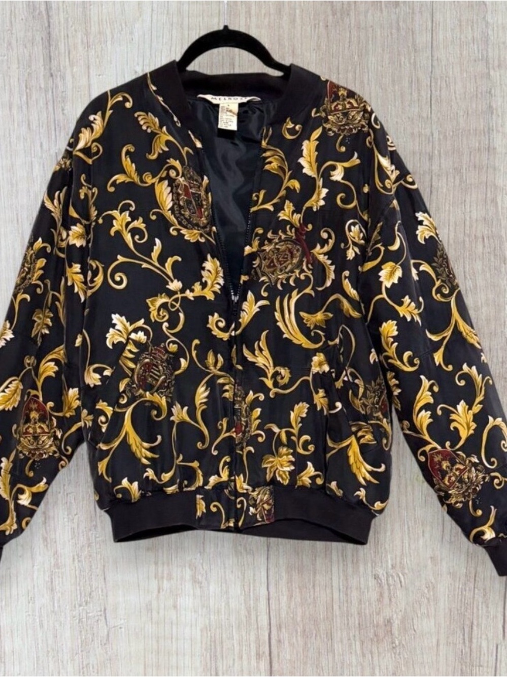 Melrose Black Gold Baroque Bomber Jacket Silk Blend Luxe Ornate Zip Up Size S